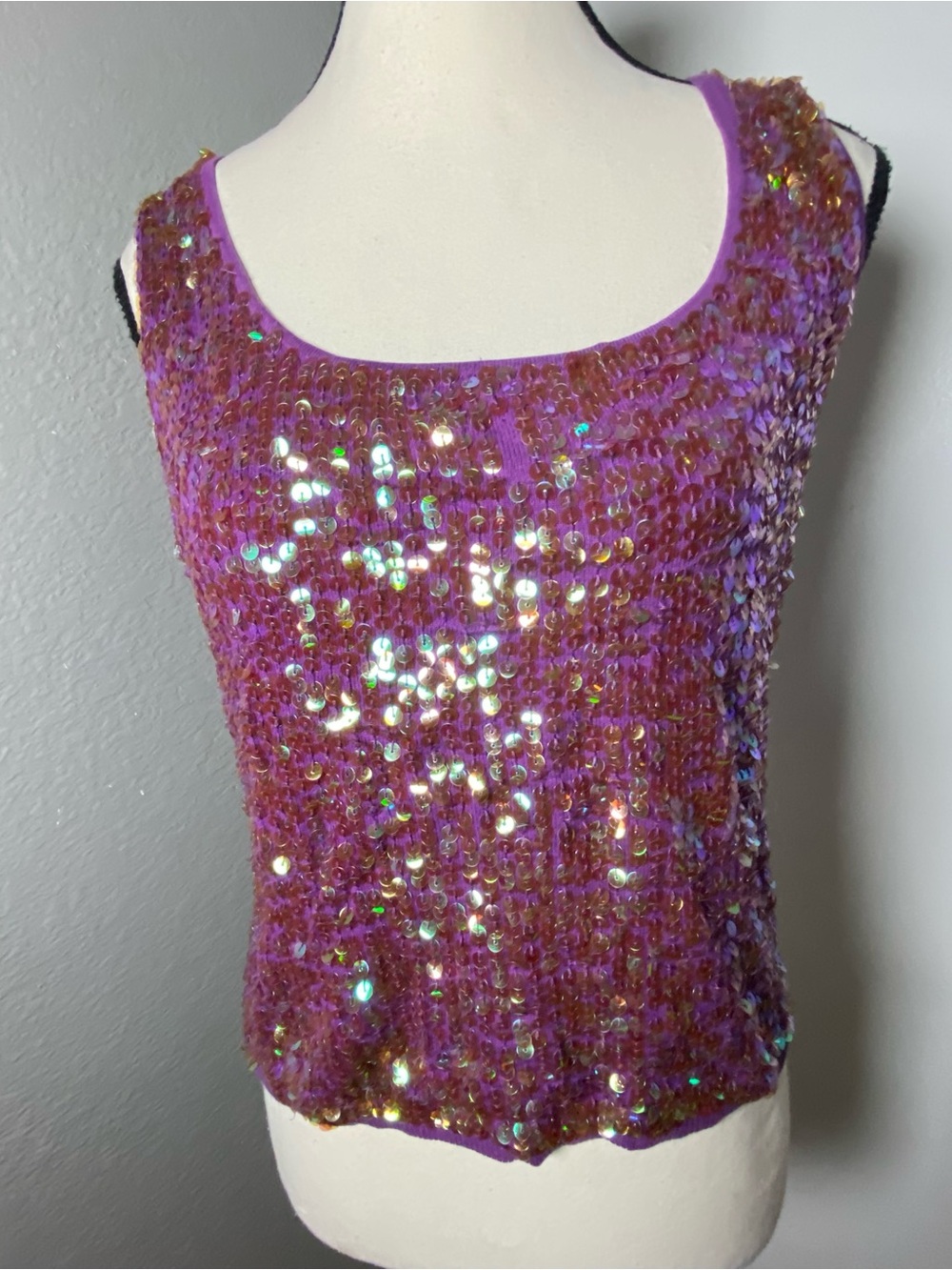 Y2K Purple Iridescent Sequin Silk Blend Knit Tank Top Size Medium